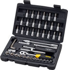  46Pcs 1/4 6PTS Metric Socket Set, 72 Teeth 1/4" Ratchet, Quick Release and Comfortable Handle * 1/4" Extensions : 50 and 100MM * 1/4" Flexible Extension * 1/4" Universal Joint * 1/4" Sliding Tee * 1/4" Spinner Handle 1/4" Bit Sockets ( Hex 3-4-5-6-7